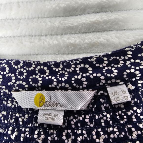 Boden Navy Floral Blouse US 12 Smocked Neck Long Sleeve Viscose Top WorkCore - Picture 9 of 11